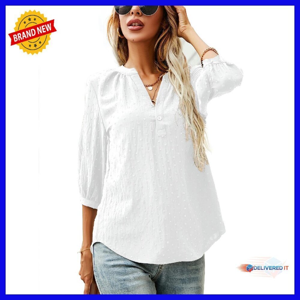 Swiss Dot 3/4 Sleeve V-Neck Blouse, Lightweight & Flowy, S-XXL